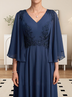 Robe de mère de la mariée en dentelle de mousseline, longueur thé, en ligne A, col en V, ornée de perles et de paillettes