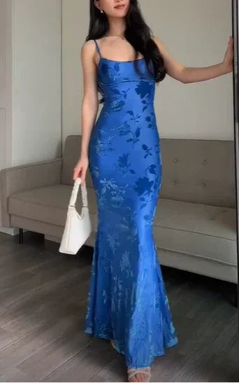 Vestido Longo de Noite Encantador com Estampa de Sereia Azul Vestido de Baile Y7490