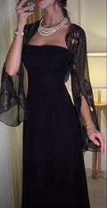 Vestido longo de cerimónia formal elegante, corte em A, preto, sem alças Y7610