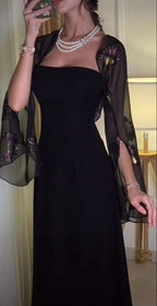 Vestido longo de cerimónia formal elegante, corte em A, preto, sem alças Y7610
