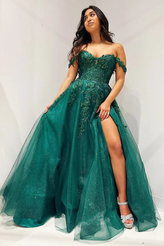 Vestido de fiesta largo de corte A con hombros descubiertos y apliques esmeralda brillante