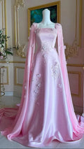 Robe de soirée longue en satin rose luxueux coupe évasée avec jolies appliques robe de bal Y7591