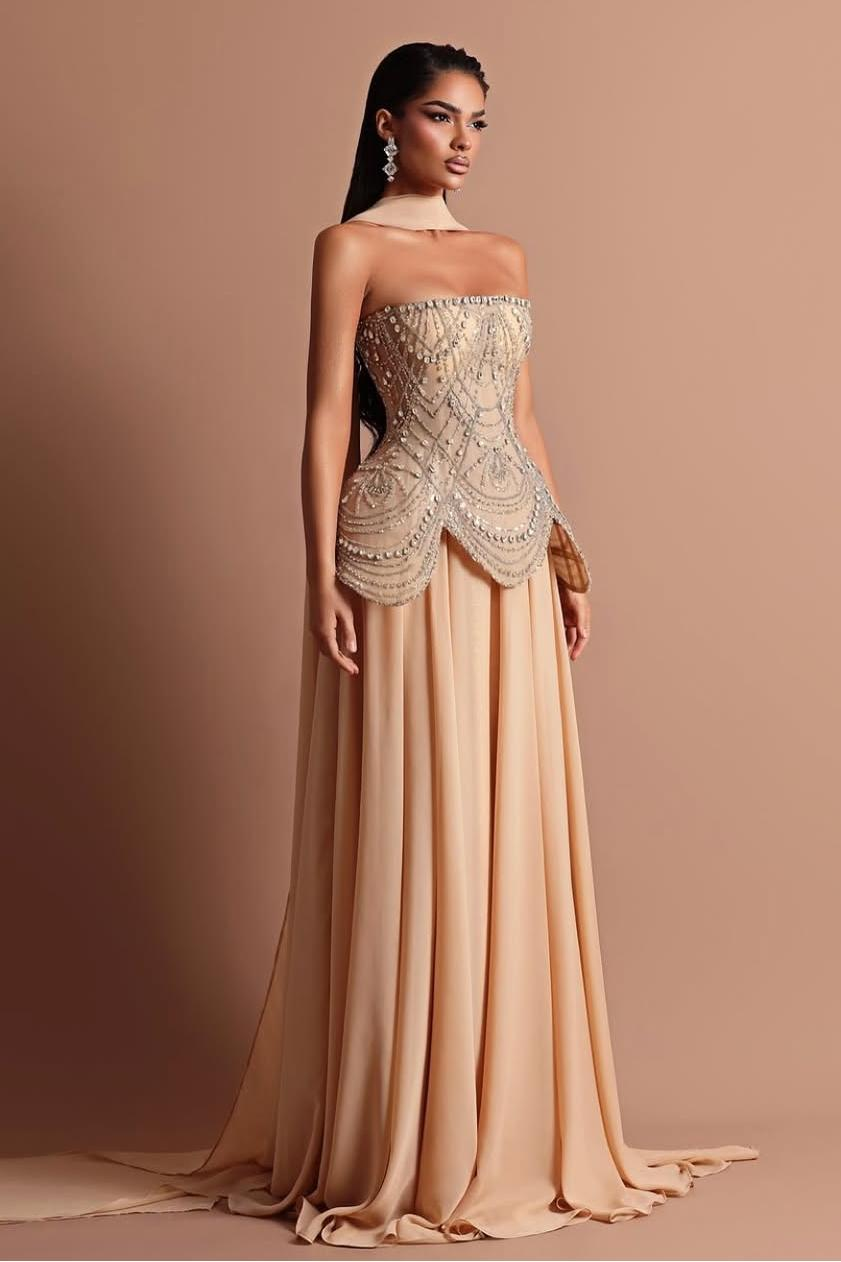 Strapless Sleeveless Long Pleated Wrap Prom Dress With Beading