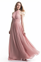 Vestido longo de cerimónia em chiffon sem mangas com gola halter e pregas elegantes