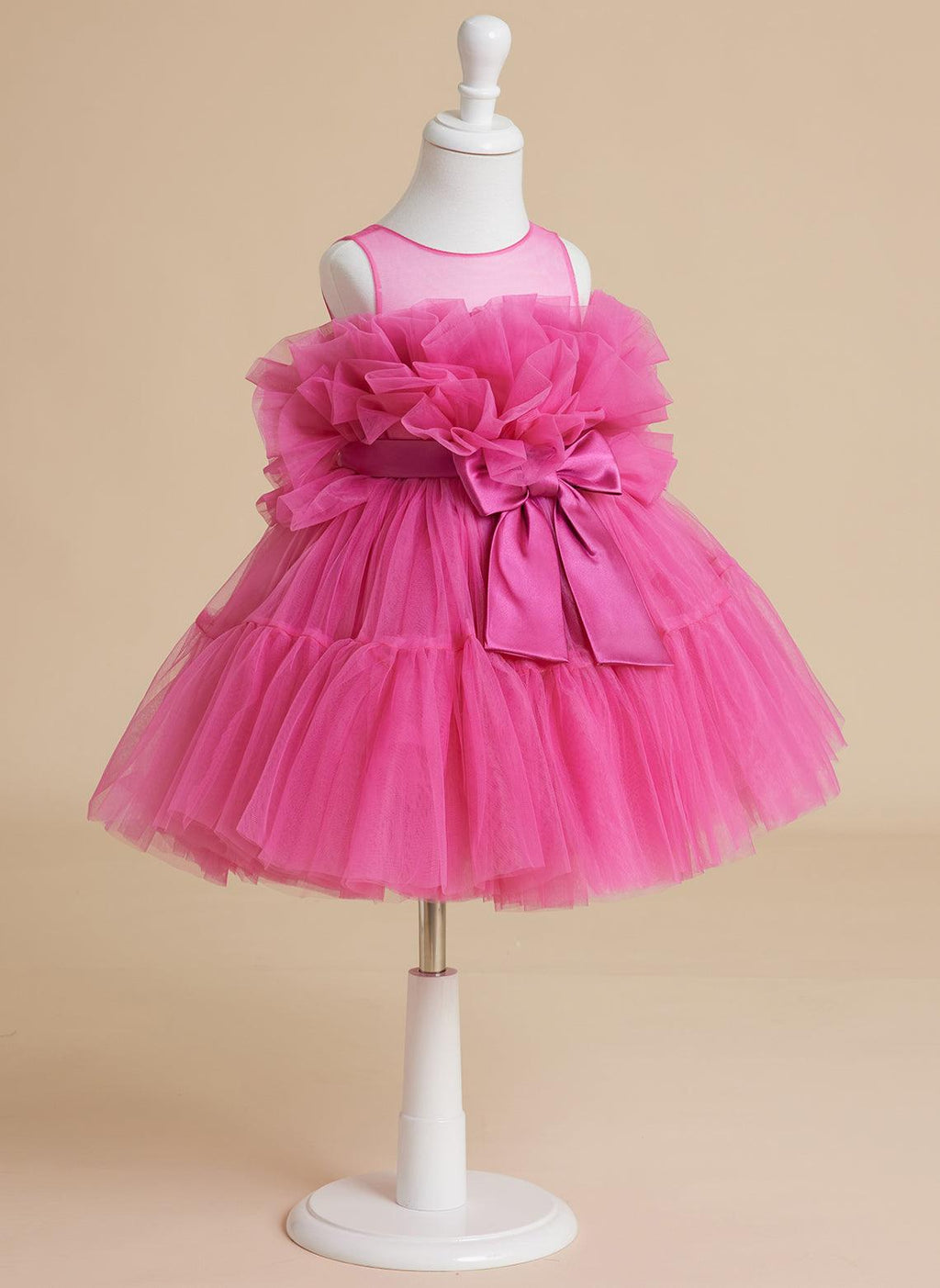 Pink Princess Tulle Flower Girl Dress With Bow And Scoop Neck Details