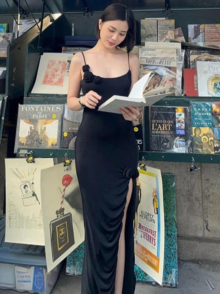 TARUXY Flower Side Slit Dress Women Sleeveless Sexy Off Shoulder Bodycon Sundress Lady Party Elegant Slim Evening Dress Woman