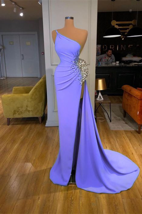 Long One Shoulder Sequin Mermaid Prom Dresses with Slit