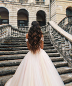 Elegant Tulle Off The Shoulder A Line Long Wedding Dress With Chapel Train