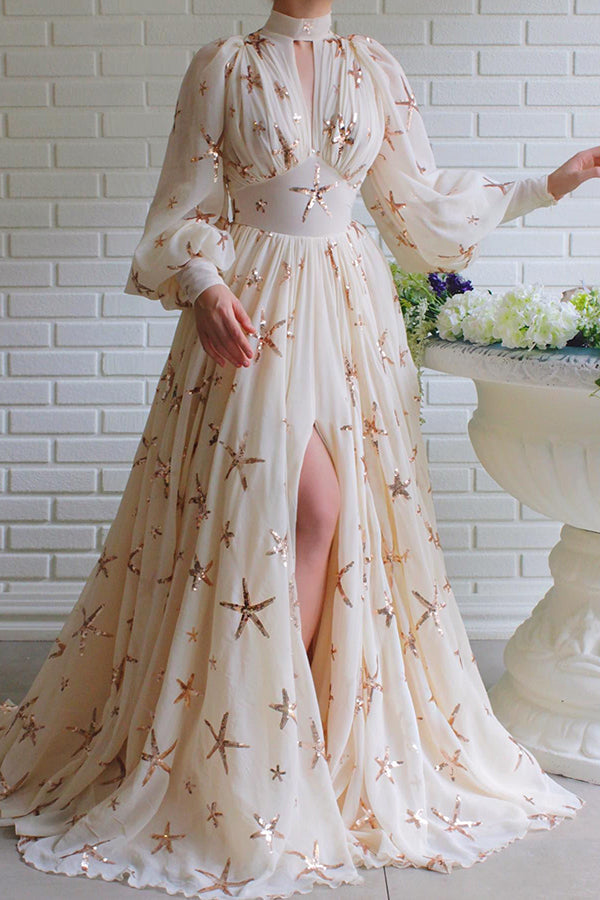 Robe de soirée longue en mousseline de soie étoilée à paillettes avec manches lanternes pour fête