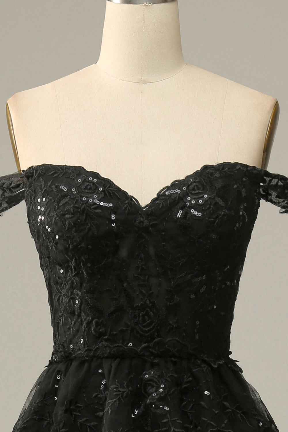 A Line Off Shoulder Black Corset Prom Dress With Lace Ruffles