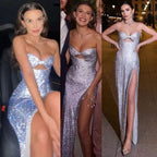 Vestido de fiesta brillante sin tirantes con lentejuelas, abertura, corte recto para la noche Y8167