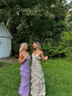 Incantevole Abito da Sera Lungo con Spalline Sottili, Stampa Floreale in Chiffon Lavanda, Volant, Abito da Ballo Y8266