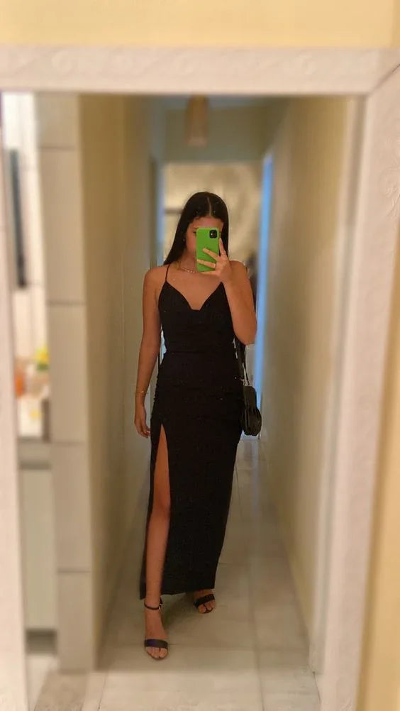 Robe de soirée noire élégante ajustée avec fente Robe de bal noire Y6135