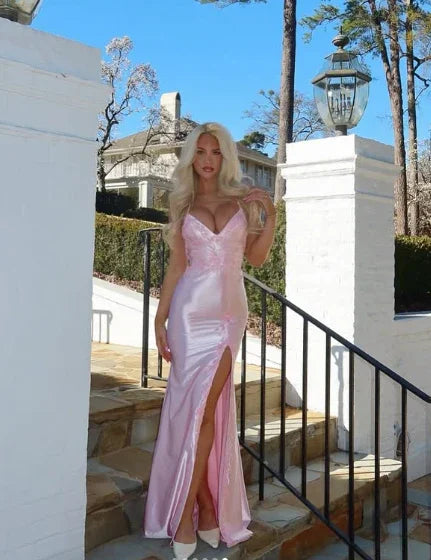 Vestido de Baile com Aplicações de Cetim Cor-de-Rosa, Cauda de Sereia, Fenda Longa, Vestido de Noite Y8263