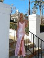 Vestido de Baile com Aplicações de Cetim Cor-de-Rosa, Cauda de Sereia, Fenda Longa, Vestido de Noite Y8263
