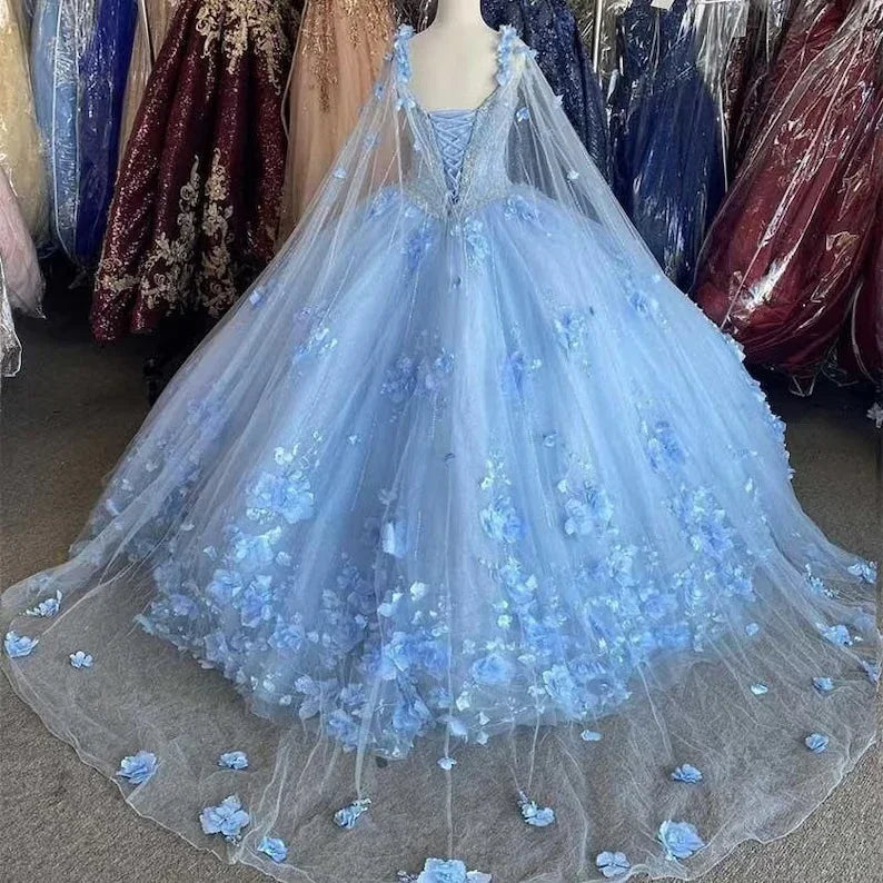 Abiti da Quinceañera Azzurro Chiaro con Fiori Abito a Palloncino Spalle Scoperte Applicazioni di Pizzo Fiori 3D Perline di Cristallo Maniche Lunghe Abito Dolce Sedici Y759