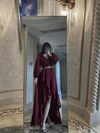 Robe de soirée à encolure en V, taille évasée, ourlet asymétrique, manches longues Y4522