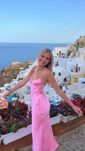 Abito elegante rosa con spalline sottili, abito da sera rosa Y2357