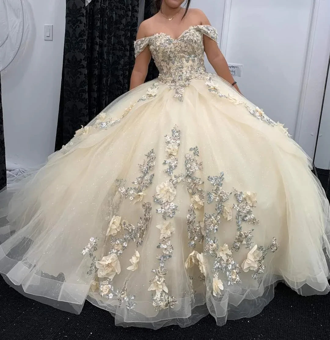 Robe de bal en tulle avec appliques et épaules dénudées, robe de seize ans, Y2462