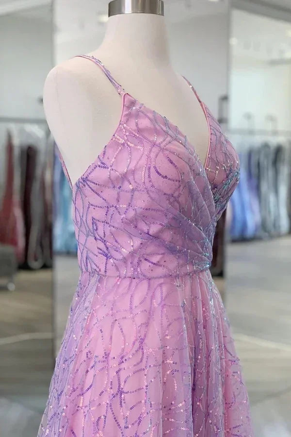 Vestido longo roxo brilhante para baile de finalistas com decote em V e costas descobertas Vestido formal roxo para cerimónia de graduação Y917