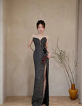 Vestido de Festa Longo Preto Elegante, Sem Alças, com Fenda, Estilo Sereia, Bordado com Lantejoulas e Contas Y8542