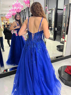 Abito da sera blu con applicazioni in tulle a linea ad A Abito da cerimonia blu Y6450