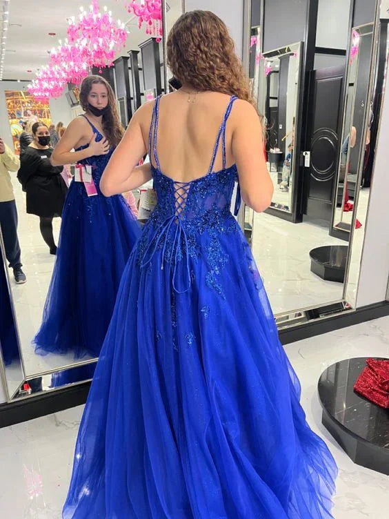 Abito da sera blu con applicazioni in tulle a linea ad A Abito da cerimonia blu Y6450
