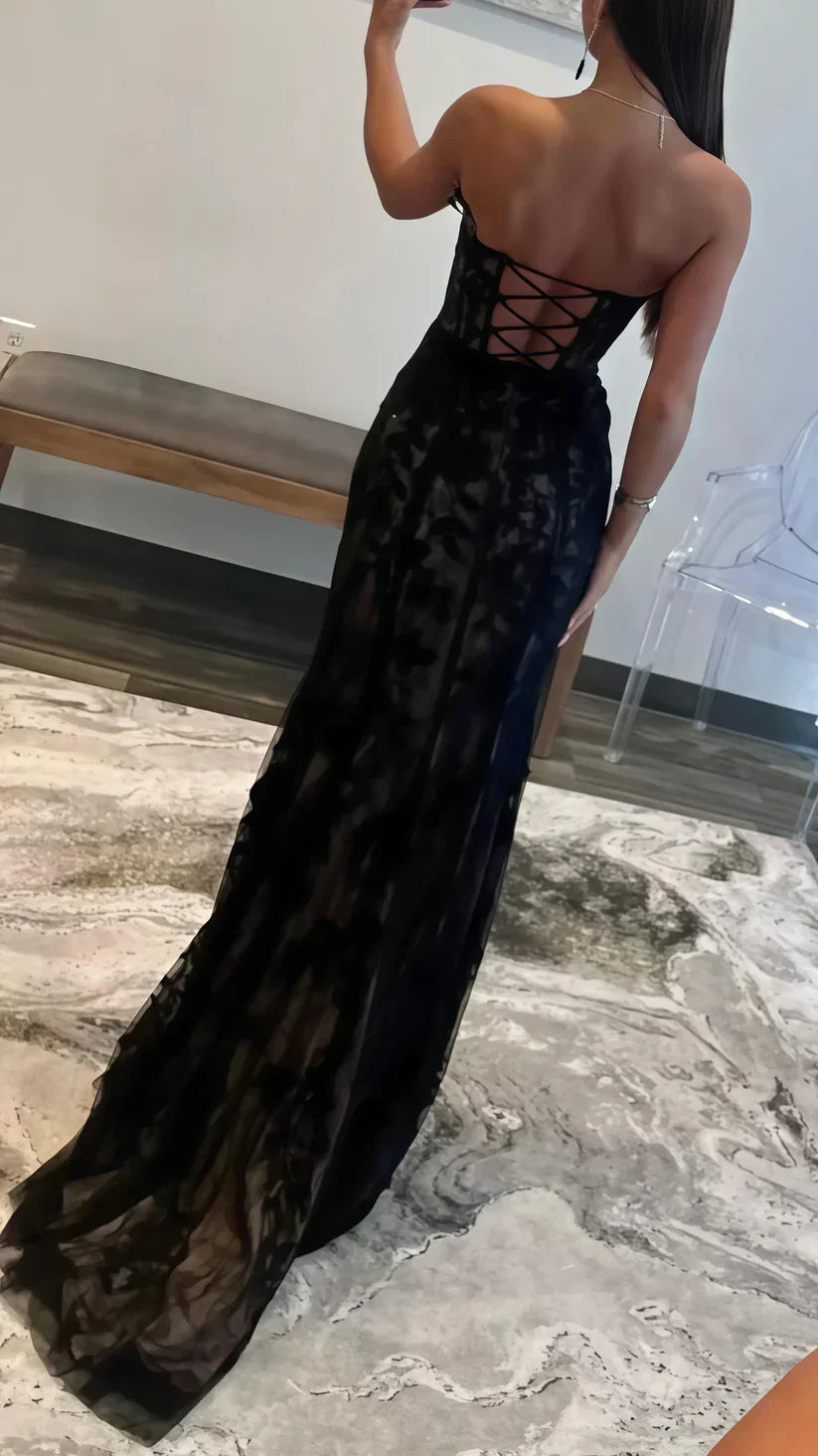 Vestido de noche negro sexy sin tirantes con escote corazón, encaje, abertura, corte sirena para fiesta Y8017