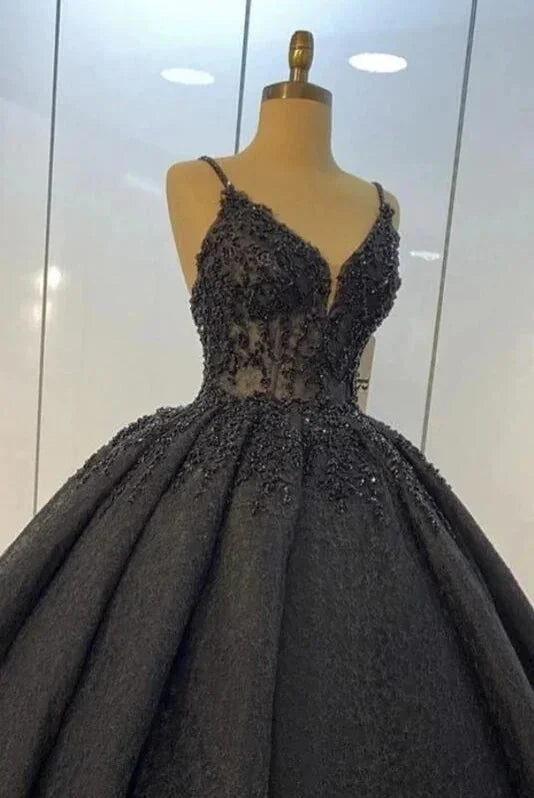 Abiti da ballo in pizzo nero per matrimonio, vestito da ballo con spalline sottili S22981