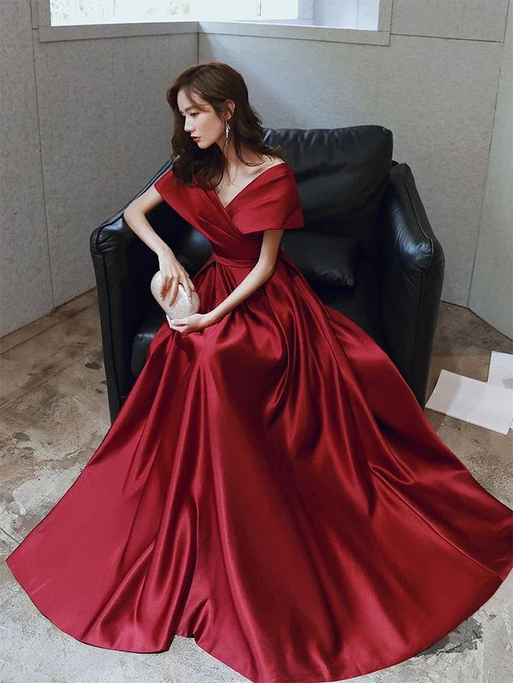 Vestido de noite em linha A, decote em V, vestido de baile curto com mangas curtas, vestido longo de cetim formal para mulher, vestido feito à medida Y4574