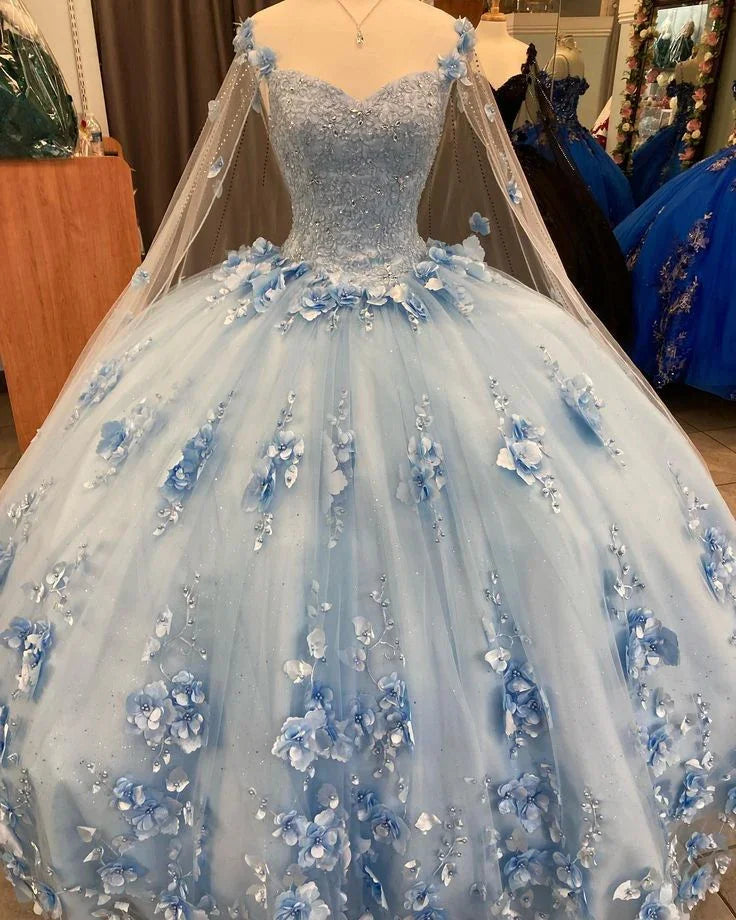 Ballkleid Hellblau Quinceañera-Kleider 3D-Blumen Süßes 16 Kleid Y6569