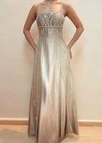Vestido de fiesta de satén y tul con tirantes finos, cuentas, línea A, para noche Y8139