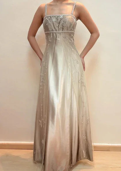 Vestido de fiesta de satén y tul con tirantes finos, cuentas, línea A, para noche Y8139