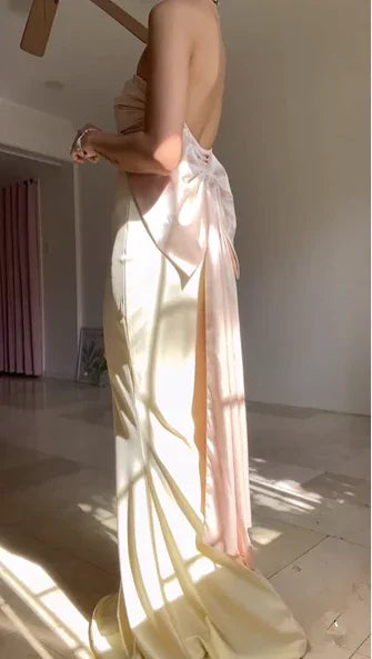 Robe de bal longue sirène élégante sans bretelles avec nœud Y8499