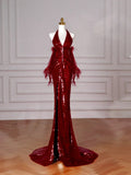 Abito da sera bordeaux con paillettes, scollo a V e allacciatura al collo, schiena scoperta, modello sirena Y8628