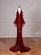 Abito da sera bordeaux con paillettes, scollo a V e allacciatura al collo, schiena scoperta, modello sirena Y8628