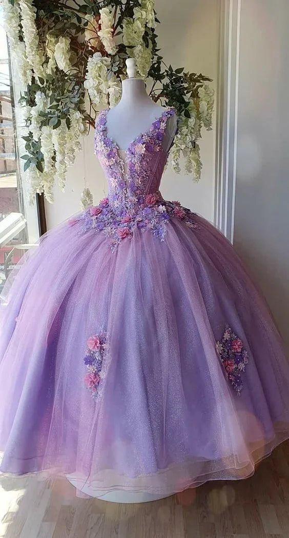 Abito lungo da cerimonia in tulle Princess con fiore, abiti da ballo e da quindicenne Y4372