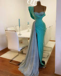Abiti da cerimonia Blu Sirena con Spacco Laterale Alto in Raso Scintillante Immagine Reale Strascico Scoperto abito da sera da matrimonio Abito da sera Y57