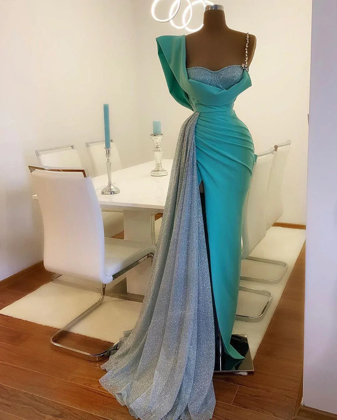 Vestidos de Baile Sereia Azul com Fenda Alta Lateral Brilhante Cetim Imagem Real Cauda Varredura vestido de noite de casamento Vestido de Festa Y57