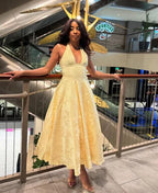 Sexy Halter Deep V Evening Dress Yellow Satin Print Prom Dress Y8249