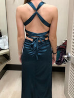 Vestido Formal Comprido Mulher Verde-azulado com Alças Cruzadas nas Costas, Cetim, Sem Mangas, Vestido de Noite Y2928