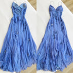 Vestido largo azul de gasa con tirantes finos elegante para fiesta de gala y velada Y7457