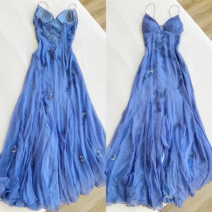 Vestido largo azul de gasa con tirantes finos elegante para fiesta de gala y velada Y7457
