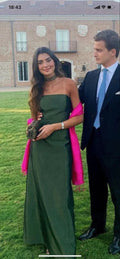 Vestido Longo de Festa Simples Verde Esmeralda em Cetim, Sem Alças, Modelo Tubinho Y8322