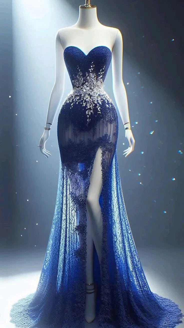 Abito da sera lungo blu con spacco, senza spalline, in pizzo con perline, stile sirena, da ballo Y8362