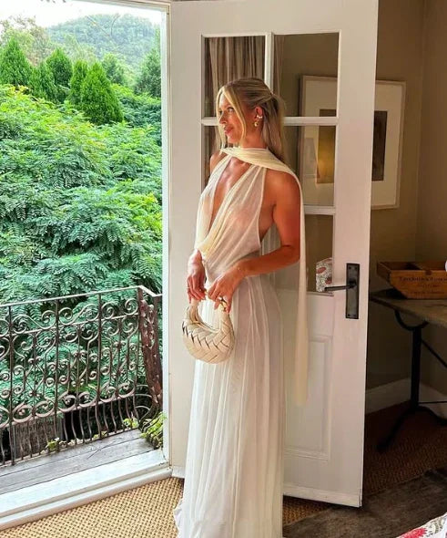 Robe de soirée longue en tulle blanc sexy à décolleté plongeant Y8240