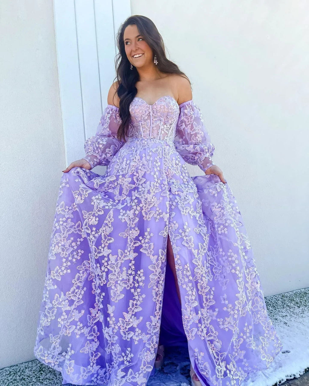 Vestido longo de baile de finalistas com corpete de princesa cintilante, mangas bufantes em renda, mangas destacáveis, vestido de noite Y1805