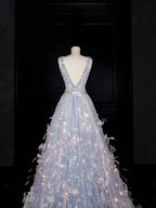 Vestido de Festa com Decote em V, Tule, Contas e Penas, Corte em A, Vestido de Noite Y8682