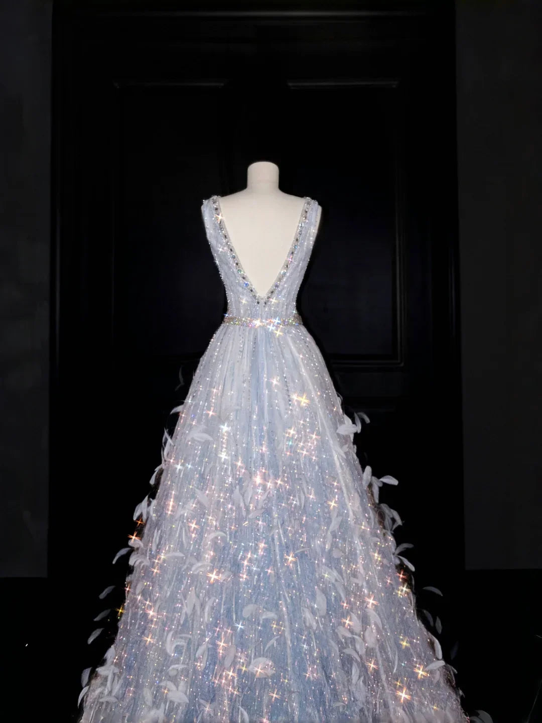 Vestido de Festa com Decote em V, Tule, Contas e Penas, Corte em A, Vestido de Noite Y8682