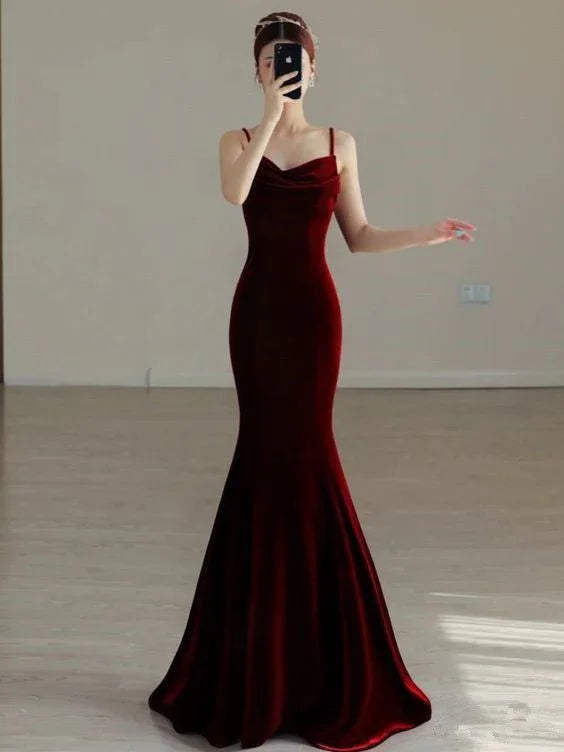Abito da sera lungo in velluto rosso elegante a sirena Abito da ballo Y7824